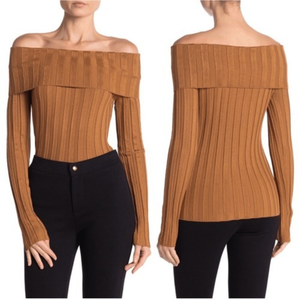 Love Token Camel Ribbed Off Shoulder Sweater Stretch Knit Size L NWT